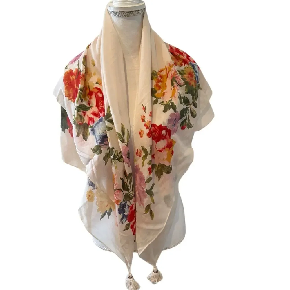 J Jill Large Lightweight Travel Scarf Cream Floral Print Tassel Detail